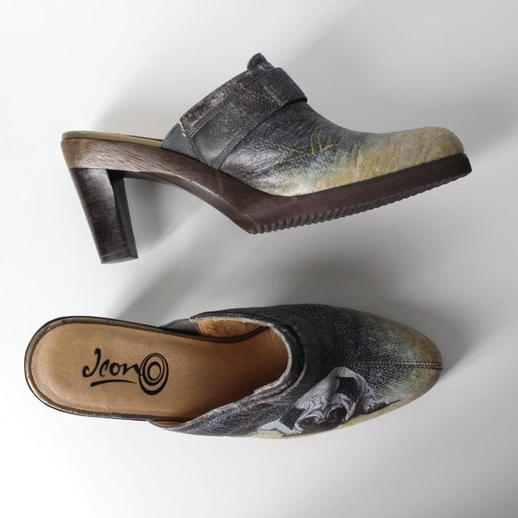 ICON Los Angeles Leather shoes slip on heels mules sz 9.5 cute dog PUG art Jeon - Picture 10 of 16